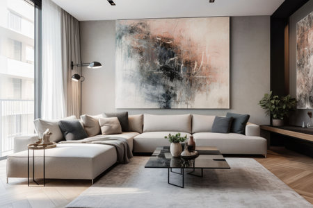 A comfortable sofa with a large abstract painting on the wall behind it. Direct view of wall. Generative AI illustrationの素材