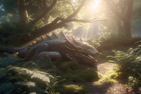 A mighty forest dragon sleeps in the sunlight, in the middle of an ancient forest. Generative AI illustrationの素材