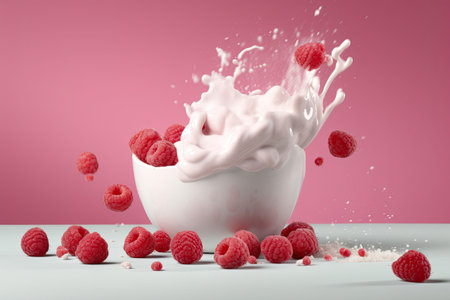 Splash of tasty yogurt and fresh raspberries on pink background. Generative AI illustrationの素材