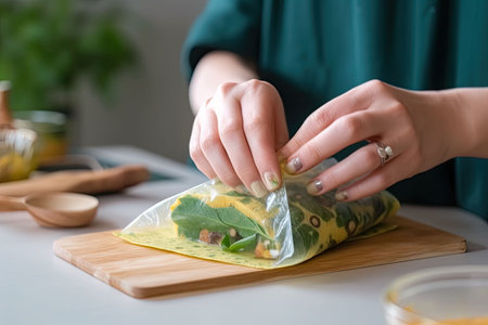 Woman hands wrapping a healthy sandwich in beeswax food wrap. Generative AI illustrationの素材