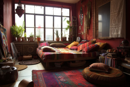 Ornate cozy bedroom in bohemian style. Pillows, plants in flower pot, sofa, carpets and decor on wall. Generative AI illustrationの素材