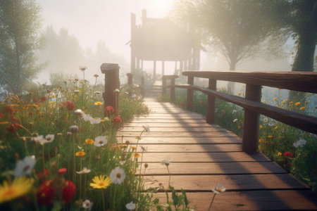 Flower wonderland with a boardwalk. Foggy background. Generative AI illustrationの素材
