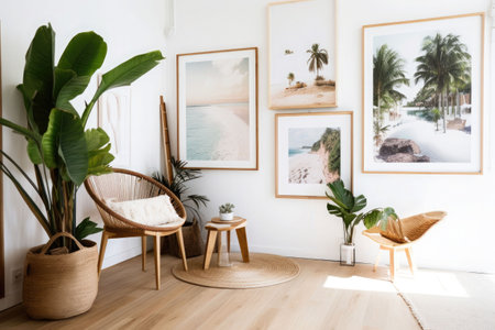 Frames in home interior. Room in boho style with natural wooden furniture and plants. Generative AI illustrationの素材