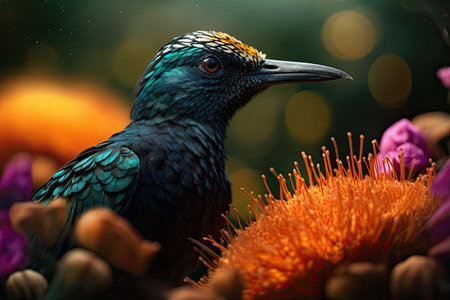 Colored tropical bird and beautiful surreal flowers. Generative AI illustrationの素材
