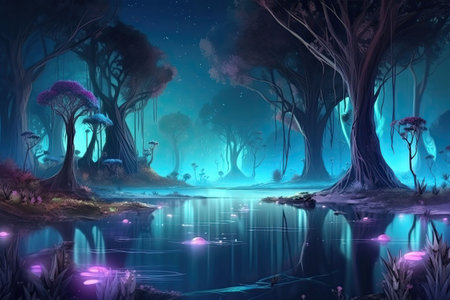 Magical forest at night. Bioluminescent fungi and glowing flowers, neon and pastel colors. Generative AI illustrationの素材