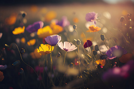 Flower meadow under a clear summer sky in color field. Generative AI illustrationの素材