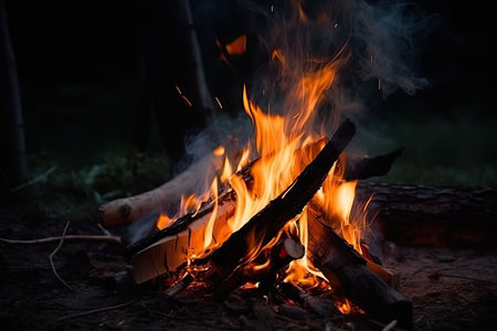 Campfire at touristic camp in the night. Flame and fire sparks on dark background. Generative AI illustrationの素材