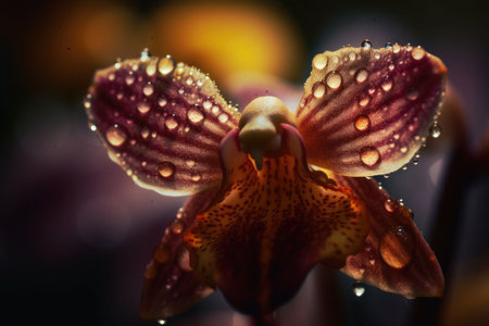 An orchid in full bloom with water drops on petals. A striking macro shot of a orchid. Generative AI illustrationの素材