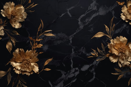 The marble texture in black and gold colors with golden flowers. Luxurious design wallpaper. Generative AI illustrationの素材