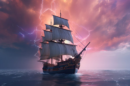 Old magic frigate flying on colorful cumulonimbus clouds. Ship in the ocean with stardust and fantasy sky. Generative AI illustrationの素材