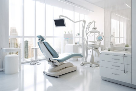 Clean white interior of room with medical equipment in dental clinic. Stomatology cabinet. Generative AI illustrationの素材