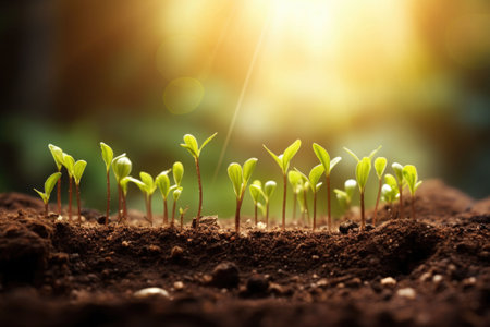 The seedlings are growing from the soil with the morning sun shining. Green sprout growing. Generative AI illustrationの素材