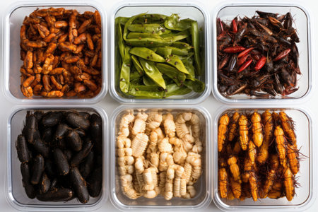 Overhead shot of tray with cooked insects and bugs. Generative AI illustrationの素材