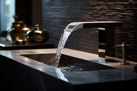 Water faucet made of stainless steel. Modern bathroom. Generative AI illustrationの素材