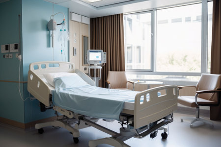 Recovery room with bed and comfortable medical equipped in a hospital. Generative AI illustrationの素材