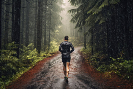 Man runner in sports jacket run forest trail in the rain, back view. Generative AI illustrationの素材