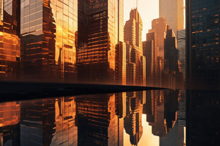 Metal and glass skyscrapers with reflection of sunrise. Urban jungle. Generative AI illustrationの素材