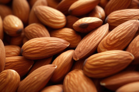 Roasted peeled almond nuts texture, top view. Almond nuts background. Generative AI illustrationの素材