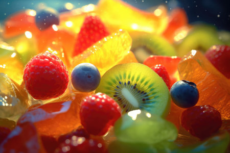 Extreme close up of an juicy fruit salad. Background of healthy fresh fruits. Generative AI illustrationの素材