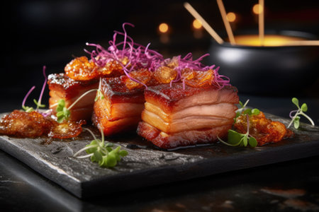Pork belly with crispy crackling, sauce and deep fried sage leaves. Generative AI illustrationの素材