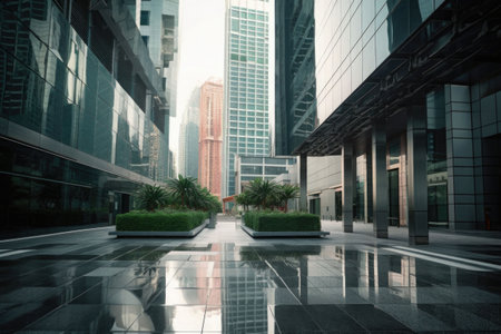 Outdoor construction in front of modern office buildings in central business district. Generative AI illustrationの素材