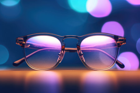 A pair of glasses with bokeh in the background. Selection of glasses for vision concept. Generative AI illustrationの素材