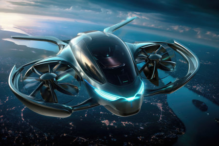 The advanced flying machine piloted by AI or humans with aerodynamics and body with nanocell technology. Generative AI illustrationの素材