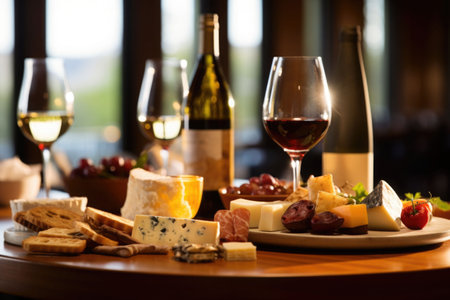 Food and wine assortment. Cheese, grape, meat and fruits on the wooden desk. Generative AI illustrationの素材