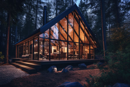 Modern luxury villa exterior in minimal style. Glass cottage in the woods at night. Modern cabin house in deep forest. Generative AI illustrationの素材