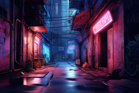 City alleyway with neon lights. Night view of a quiet street. Generative AI illustrationの素材