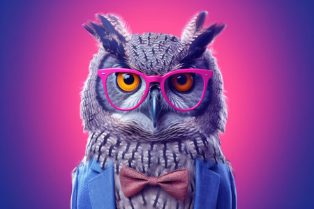 Portrait of intelligent owl wearing a pair of glasses and a tie. Bright colors. Generative AI illustrationの素材