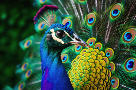Peacock with open tail in metallic colors. Close up shot of a peacocks colorful plumage. Generative AI illustrationの素材