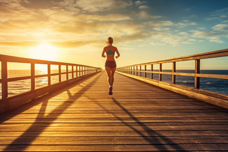 Woman running on wooden boardwalk in sunrise seaside. Sports lifestyle. Generative AI illustrationの素材