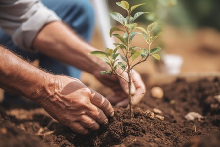 A man planting trees or working in garden. Concept of sustainability and community engagement. Generative AI illustrationの素材
