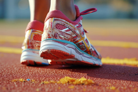 Close up view of runner sport shoes sprint running on track. Training for marathon and wellness. Generative AI illustrationの素材