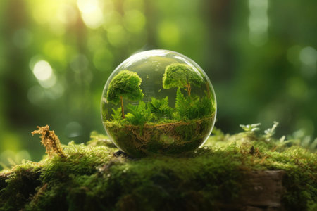 Crystal ball with plants on moss in forest environmental. Earth day concept. Generative AI illustrationの素材