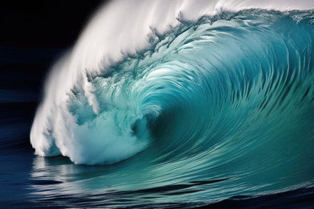 Beautiful deep blue tube wave in the ocean. Ocean wave sunrise from inside a beach wave. Generative AI illustrationの素材