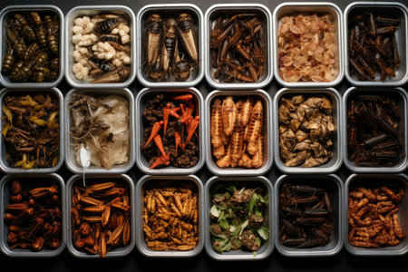 Overhead shot of tray with cooked insects and bugs. Generative AI illustrationの素材