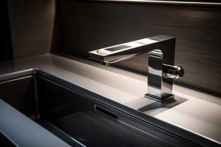 Water faucet made of stainless steel. Modern bathroom. Generative AI illustrationの素材