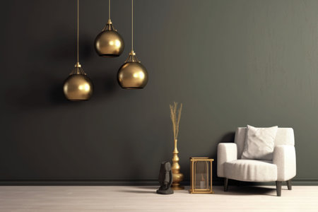 Minimalistic design scandinavian empty interior with grey wall. A golden lamp and table. Generative AI illustrationの素材