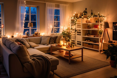 Scandinavian style living room. A cozy living room with warm light. Party time. Generative AI illustrationの素材