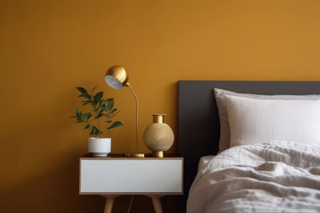 Minimalistic design scandinavian interior with mustard wall. A bedroom with a little bedside table, golden lamp, accessories, plant. Generative AI illustrationの素材