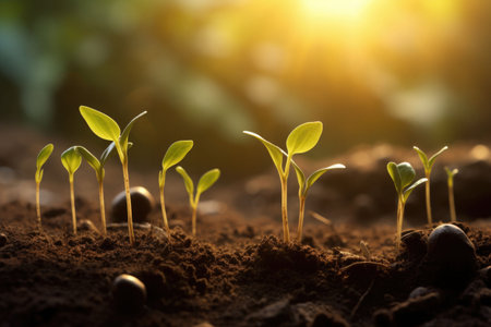 The seedlings are growing from the soil with the morning sun shining. Green sprout growing. Generative AI illustrationの素材