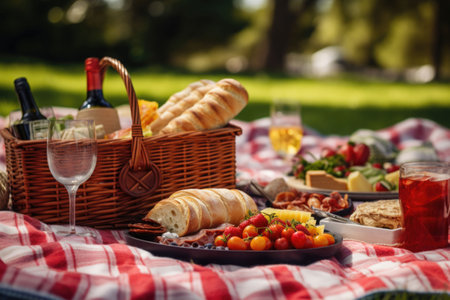 Close up of food, drinks and picnic basket on blanket on grass at summer park. Generative AI illustrationの素材