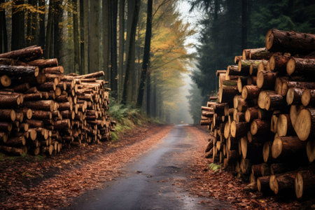 Log trunks pile, the logging timber wood industry. Cut trees along a road prepared for removal. Generative AI illustrationの素材
