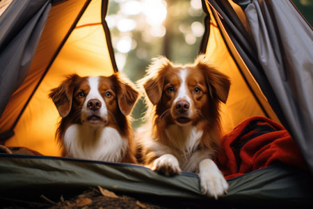 Two dogs in a tent in the forest. Camping in the nature. Generative AI illustrationの素材