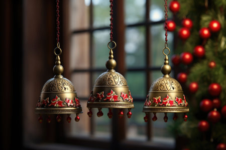 Christmas bells. Blurred background with window and christmas tree. AI generated illustrationの素材