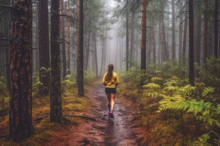 Woman runner in sports jacket run forest trail in the rain, back view. Generative AI illustrationの素材