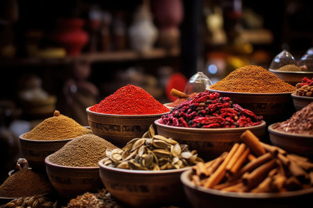 Colorful herbal and spices oriental marketplace. Sacks of food and spices. Generative AI illustrationの素材