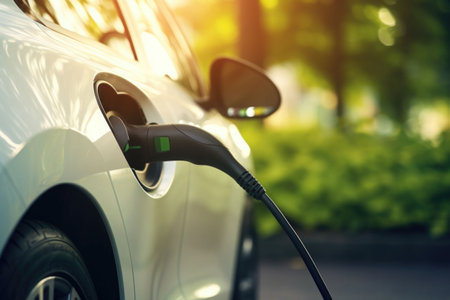 Electric car at charging station with the power cable supply plugged in on blurred nature with soft light background. Generative AI illustrationの素材